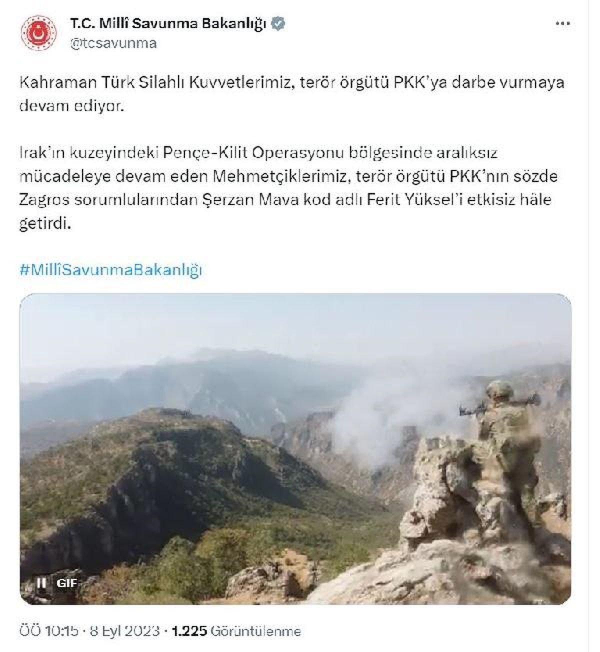 MSB, Irak\'ın kuzeyindeki Pençe-Kilit Operasyonu bölgesinde terör örgütü PKK\'nın sözde Zagros sorumlularından Ferit Yüksel\'in etkisiz hale getirdiğini...