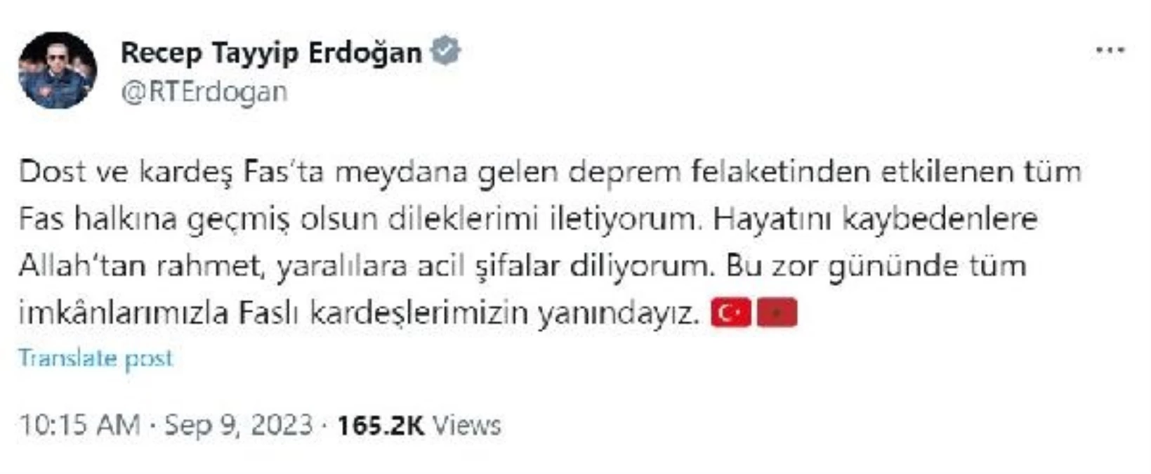 Cumhurbaşkanı Erdoğan\'dan Fas depremi sonrasında taziye mesajı