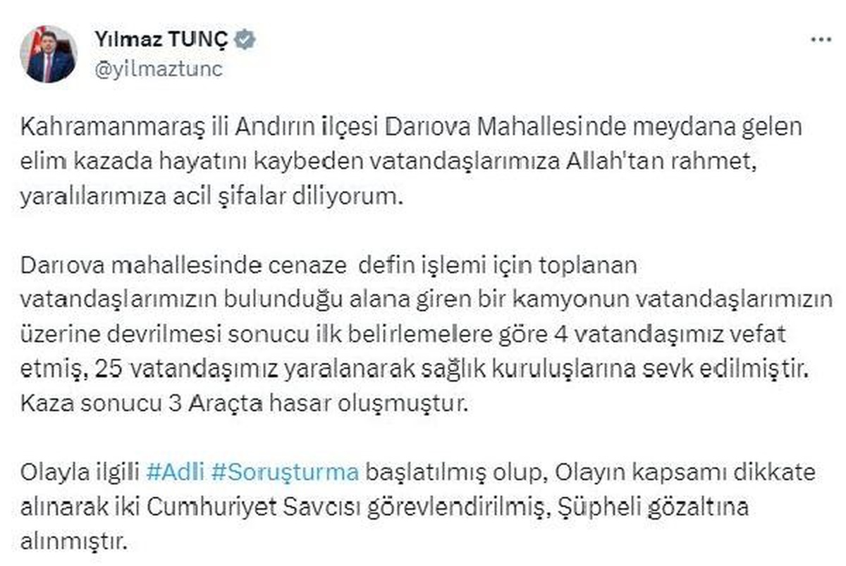 Bakan Tunç: Şüpheli Gözaltına Alındı