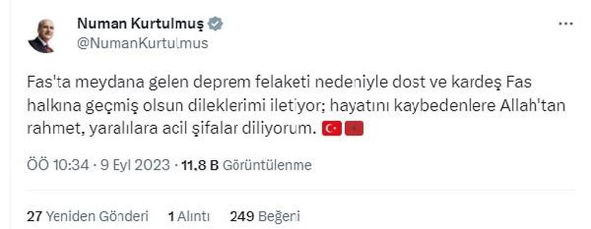 TBMM Başkanı Numan Kurtulmuş\'tan Fas\'a geçmiş olsun dileği