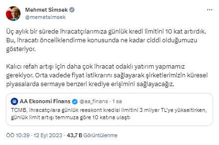 Bakan Şimşek'ten ihracatçılara finansman desteğinin artırılmasına ilk yorum: Ne kadar ciddi olduğumuzu gösteriyor Bakan Şimşek'ten ihracatçılara finansman desteğinin artırılmasına ilk yorum: Ne kadar ciddi olduğumuzu gösteriyor