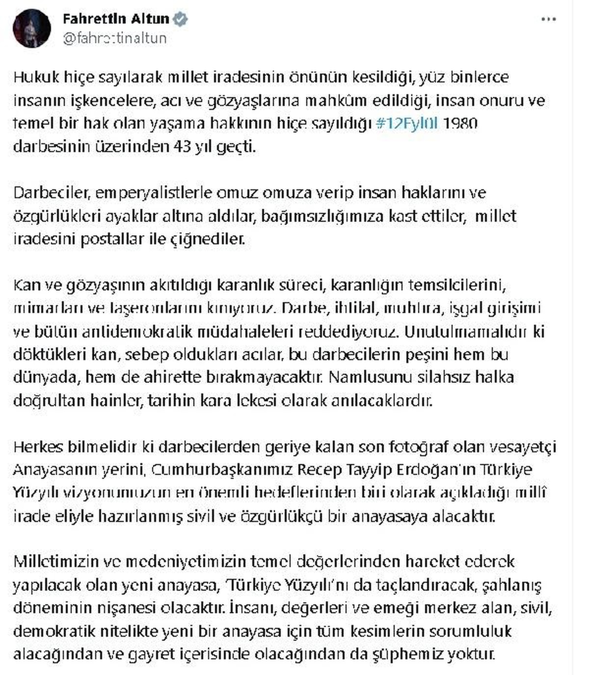 İletişim Başkanı Fahrettin Altun\'dan 12 Eylül paylaşımı