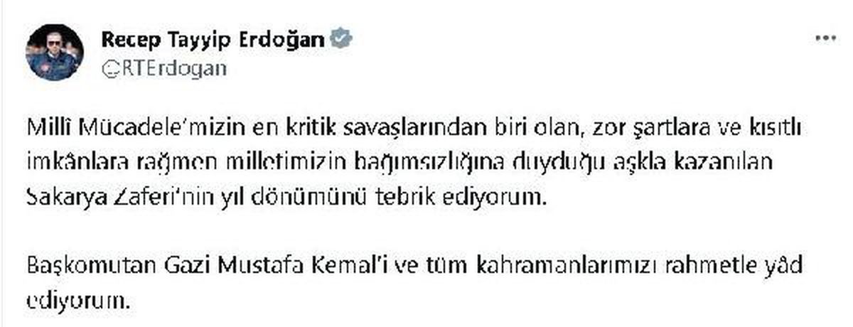Cumhurbaşkanı Erdoğan\'dan \'Sakarya Zaferi\' mesajı