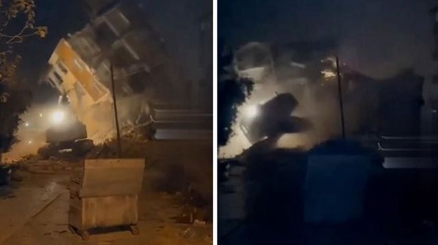 Hatay'da depremde ağır hasar alan bina iş makinesinin üzerine yıkıldı Hatay'da depremde ağır hasar alan bina iş makinesinin üzerine yıkıldı