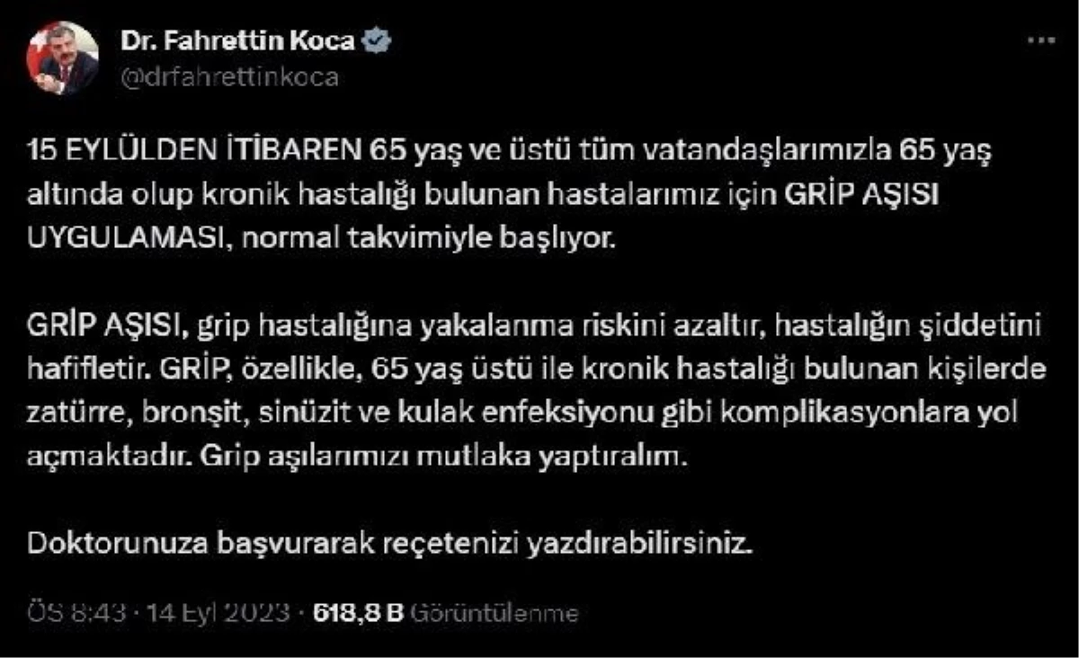 65 yaş üstü ve kronik hastalığı olanlar için grip aşısı başlıyor