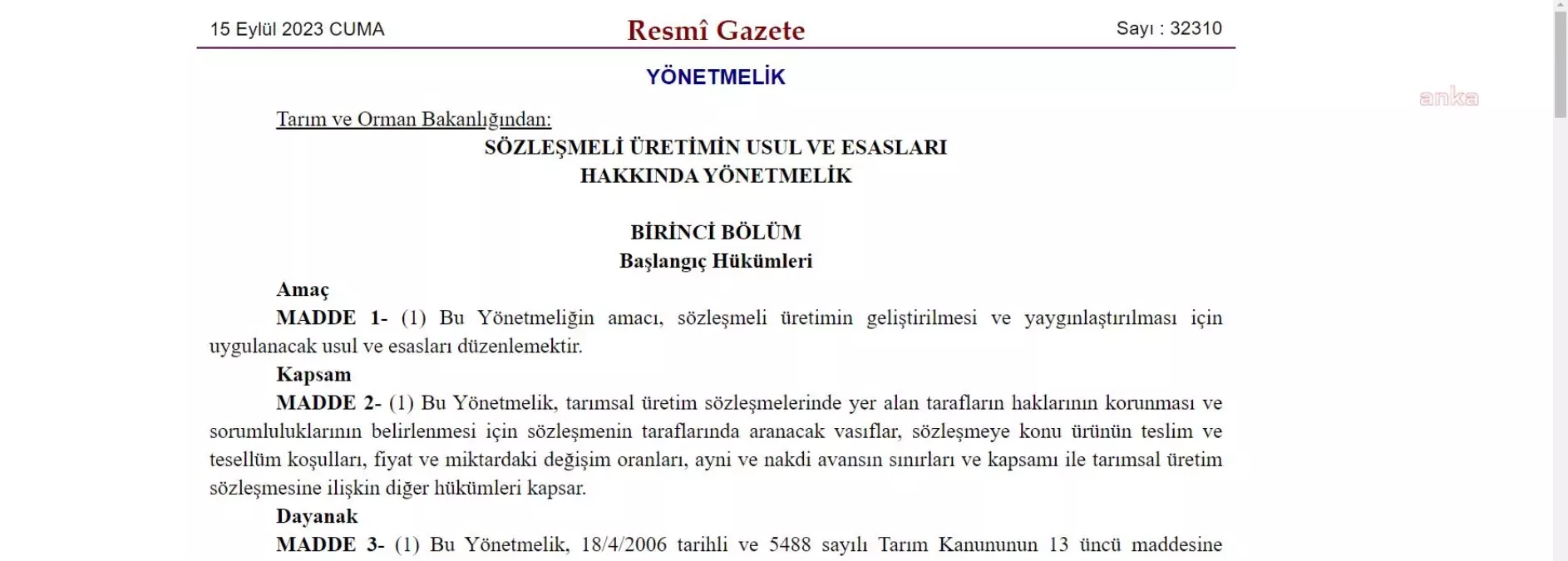 Tarımda Sözleşmeli Üretimin Usul ve Esaslarını Belirleyen Yönetmelik Bugün Resmi Gazete\'de Yayınlandı