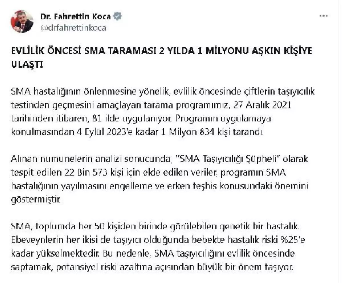 Sağlık Bakanı: Evlilik Öncesi SMA Taraması 1 Milyon 834 Kişiye Uygulandı