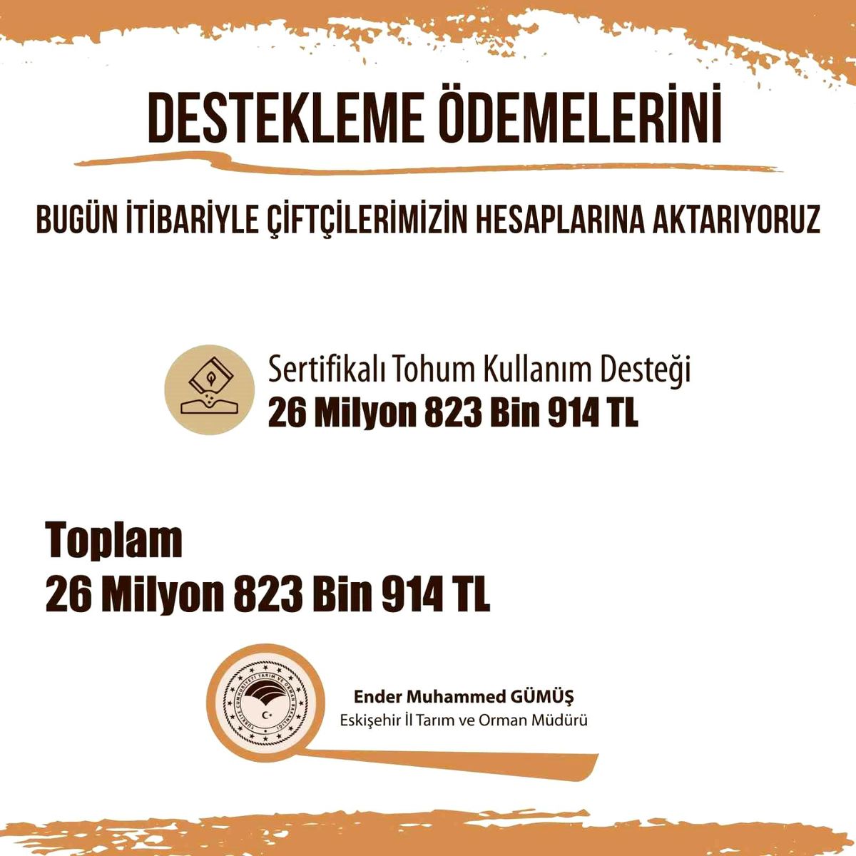 Eskişehir İl Tarım ve Orman Müdürlüğü, Sertifikalı Tohum Kullanım Desteği kapsamında çiftçilere 26 milyon 823 bin 914 TL destek ödemesi yapıyor
