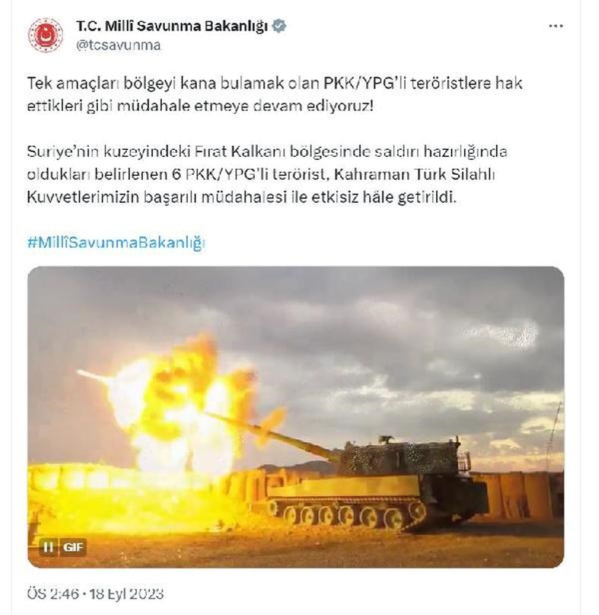 MSB: Fırat Kalkanı bölgesinde 6 PKK/YPG\'li terörist etkisiz hale getirildi
