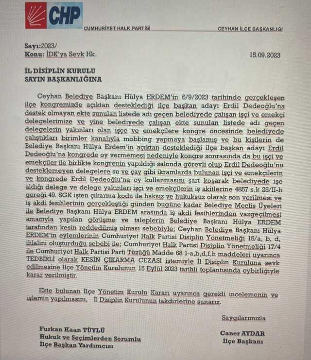 39 kişiyi işten çıkardığı iddia edilen Ceyhan Belediye Başkanı Hülya Erdem, il disiplin kuruluna sevk edildi