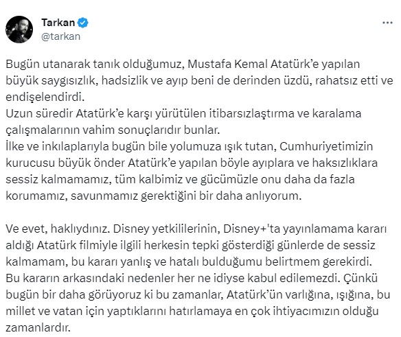 Disney Plus'ın Atatürk kararına sessiz kalan Tarkan pişman oldu: Haklıydınız, sessiz kalmamam gerekirdi