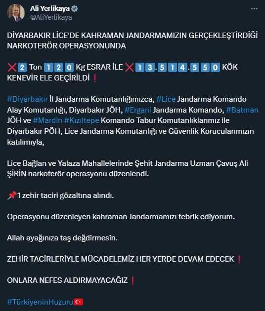 Diyarbakır'daki uyuşturucu operasyonunda 2 ton esrar ve 13 milyondan fazla kök kenevir ele geçirildi