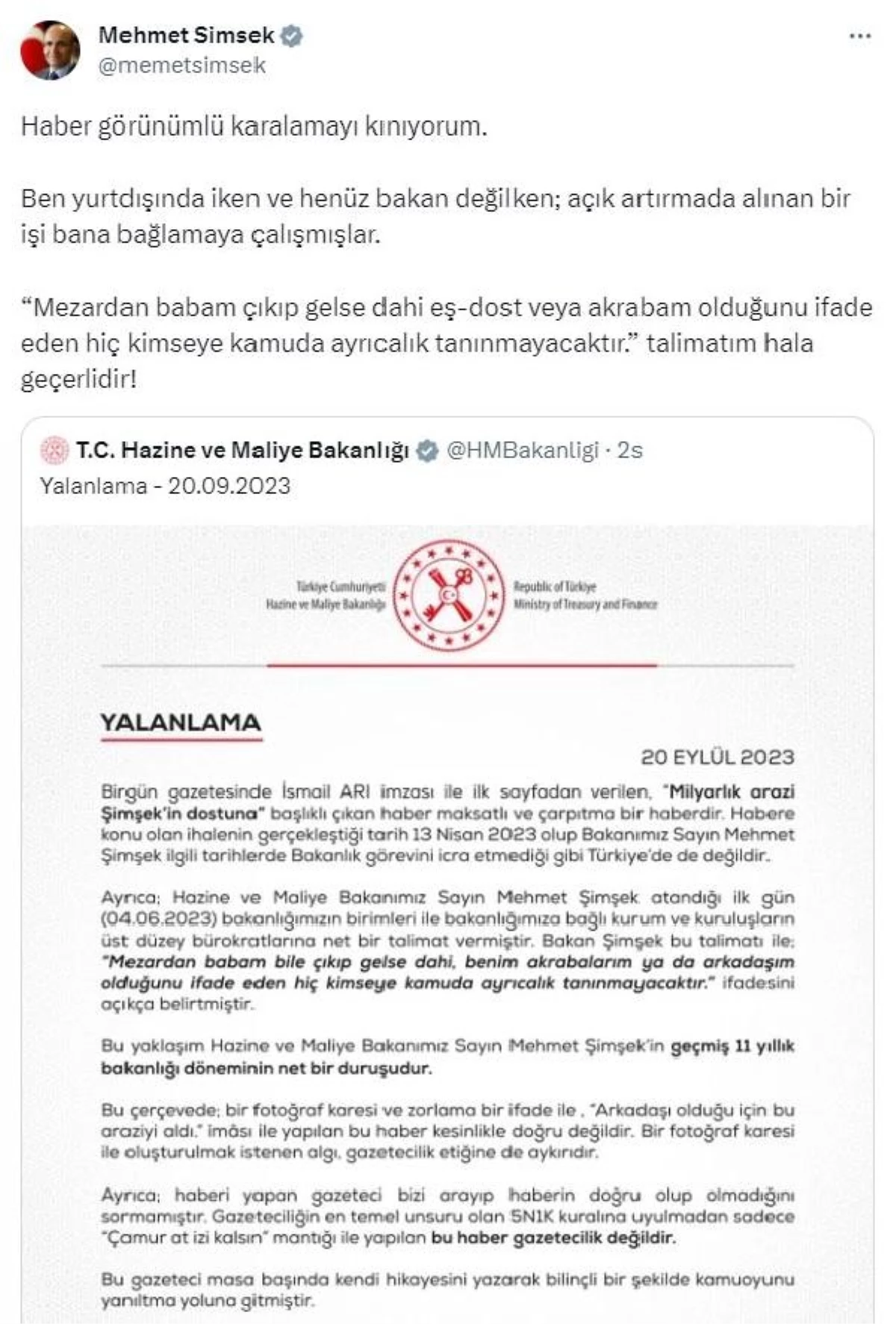 Hazine ve Maliye Bakanlığı, Şimşek\'in arkadaşına arazi ihalesi iddialarını yalanladı