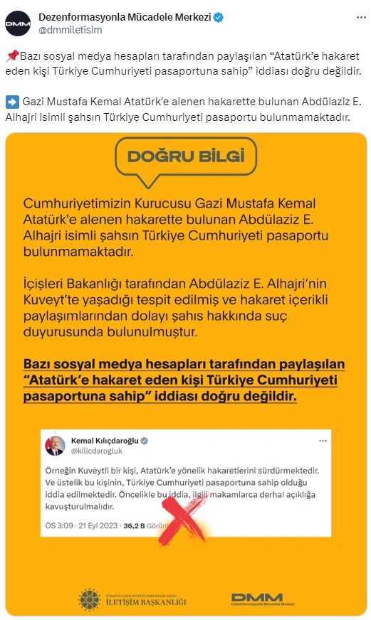 Atatürk'e hakaret eden kişi Türkiye Cumhuriyeti pasaportuna sahip iddiası doğru değil