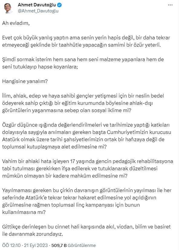 Davutoğlu, Atatürk'ün fotoğrafıyla uygunsuz hareketler yapan gencin tutuklanmasına tepki gösterdi