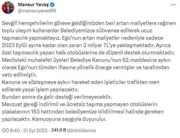 Mansur Yavaş'tan, 65 yaş üstünü ücretsiz taşımayı reddeden özel halk otobüslerine rest: Gereken yapılır