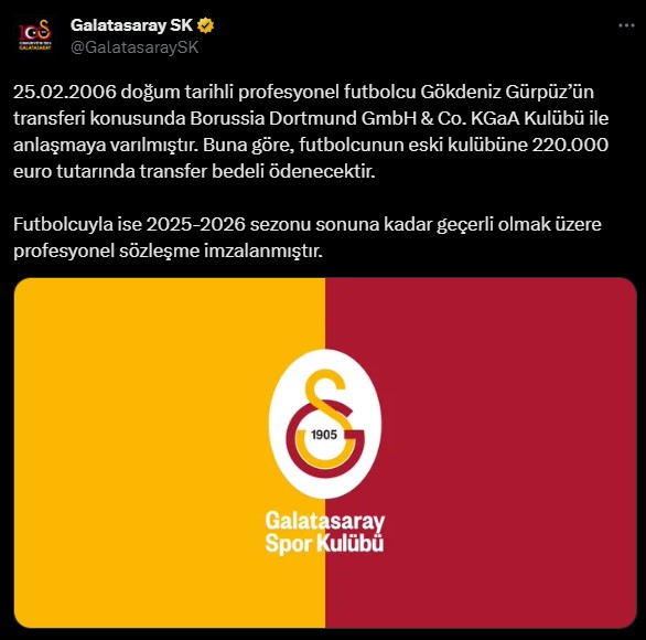 Son Dakika: Galatasaray, Gökdeniz Gürpüz transferini KAP'a bildirdi