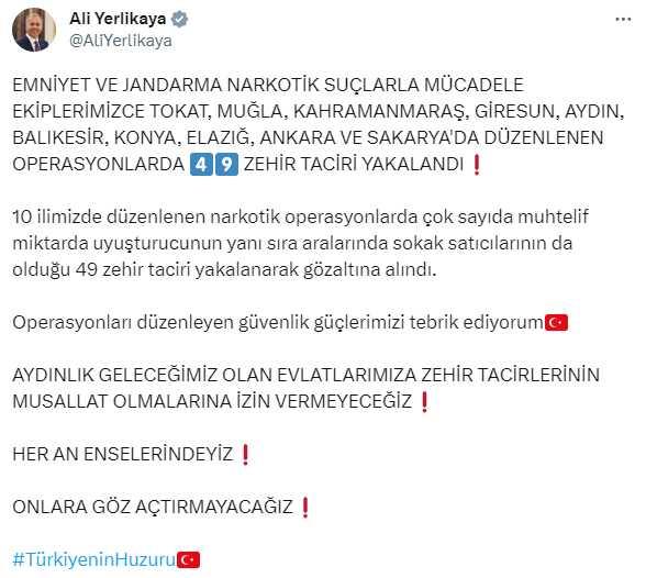 İçişleri Bakanı Yerlikaya: 10 ilimizde düzenlenen operasyonlarda 49 zehir taciri yakalandı