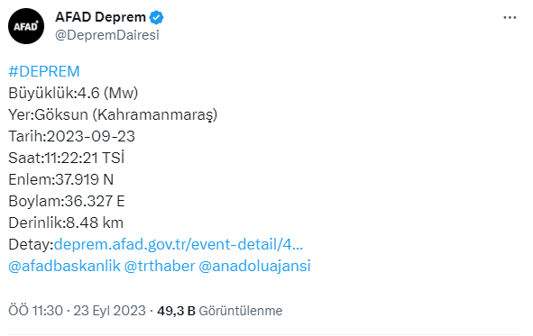 Son Dakika! Kahramanmaraş'ta 4.6 büyüklüğünde deprem