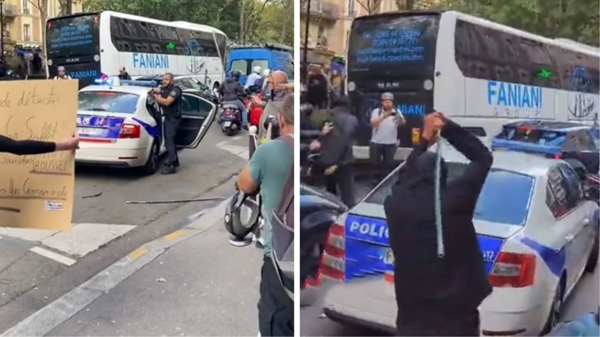 Fransa\'da sokaklar yeniden karıştı! Polis, araca saldıran kalabalığı silahını çekerek dağıttı
