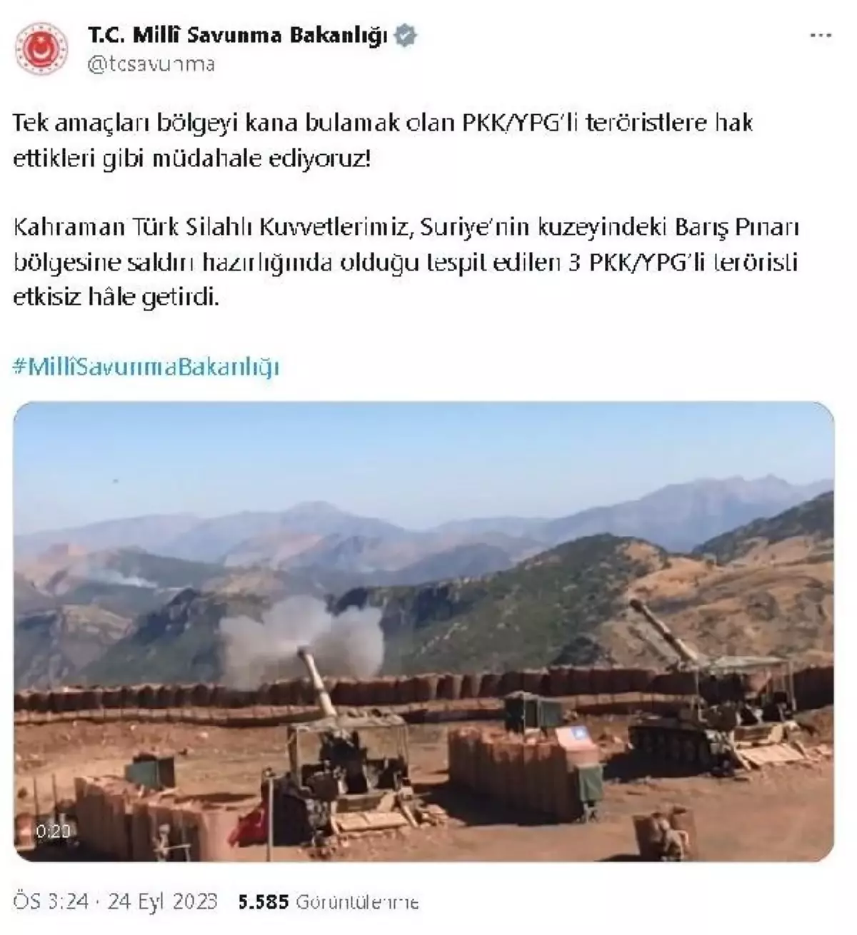 MSB: Barış Pınarı Harekatı bölgesine saldırı hazırlığında olan 3 PKK/YPG'li terörist etkisiz hale getirildi