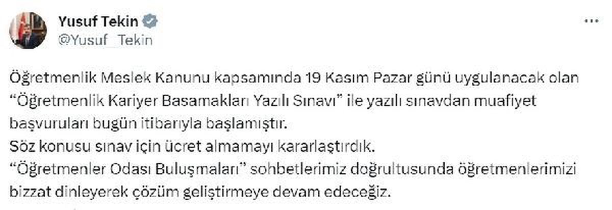 Öğretmenlik Kariyer Basamakları Yazılı Sınavı Ücretsiz Olacak