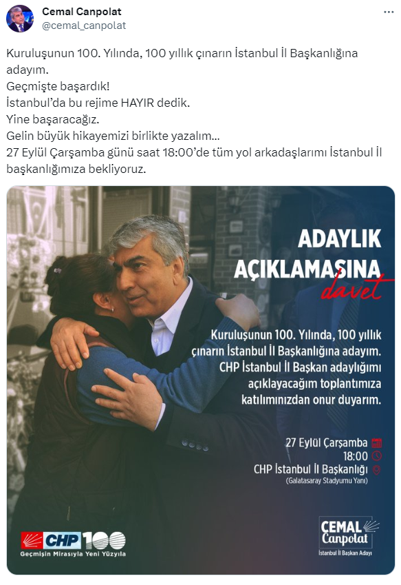 Cemal Canpolat, CHP İstanbul İl Başkanlığı için adaylığını ilan etti