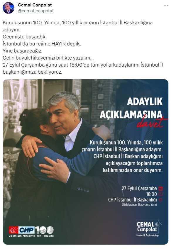 Cemal Canpolat, CHP İstanbul İl Başkanlığı için adaylığını ilan etti