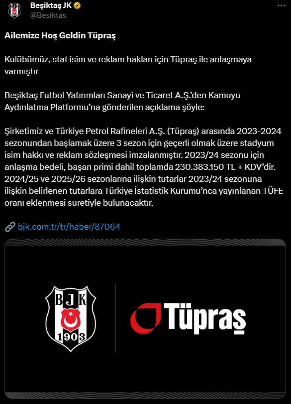Son Dakika: Beşiktaş, stadyum isim sponsorluğu için Tüpraş ile anlaşmaya vardı