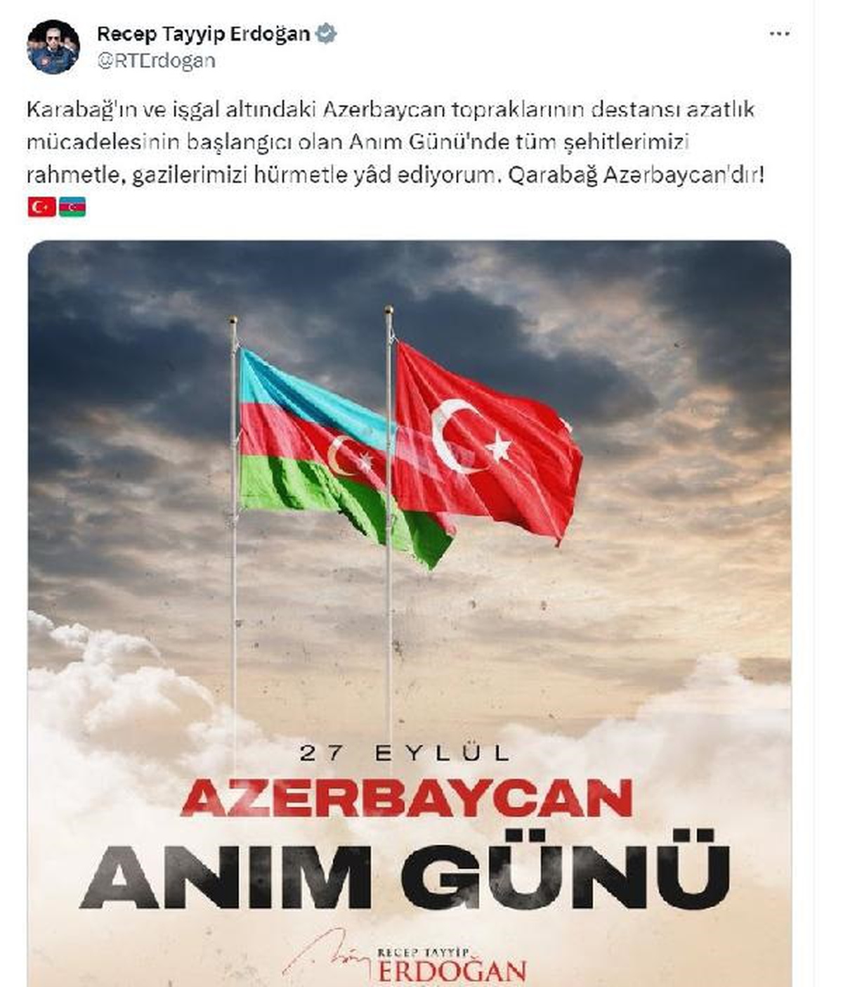 Cumhurbaşkanı Erdoğan, Azerbaycan\'ın \'Anım Günü\'nde şehitleri andı