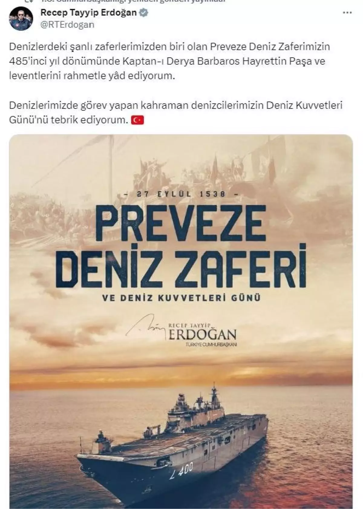 Cumhurbaşkanı Erdoğan'dan Preveze Deniz Zaferi'nin yıl dönümü ve Deniz  Kuvvetleri Günü mesajı - Son Dakika