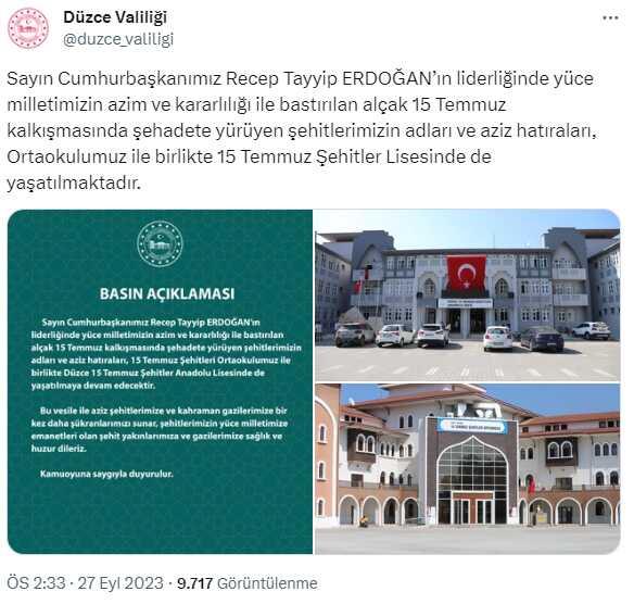 Düzce Valiliği geri adım attı! Tepki çeken isim değişikliği sonrası okula yeniden '15 Temmuz Şehitler Anadolu Lisesi' tabelası asıldı