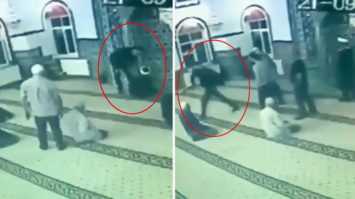 Camiye ayakkabı ile giren şahıs yetmedi bir de imama bağırdı! O anlar güvenlik kamerasında