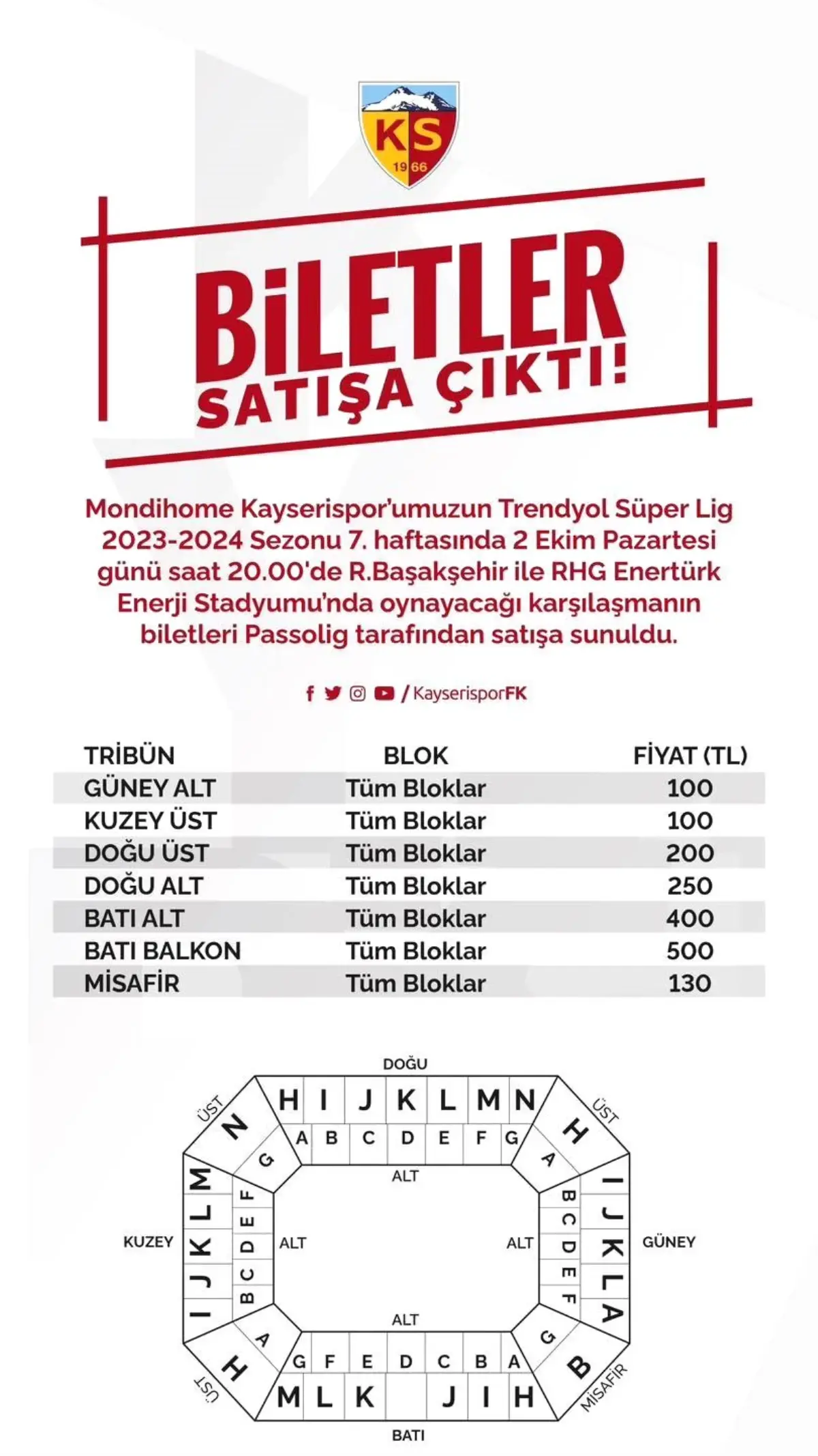 Kayserispor-Başakşehir Maçının Bilet Fiyatları Belli Oldu