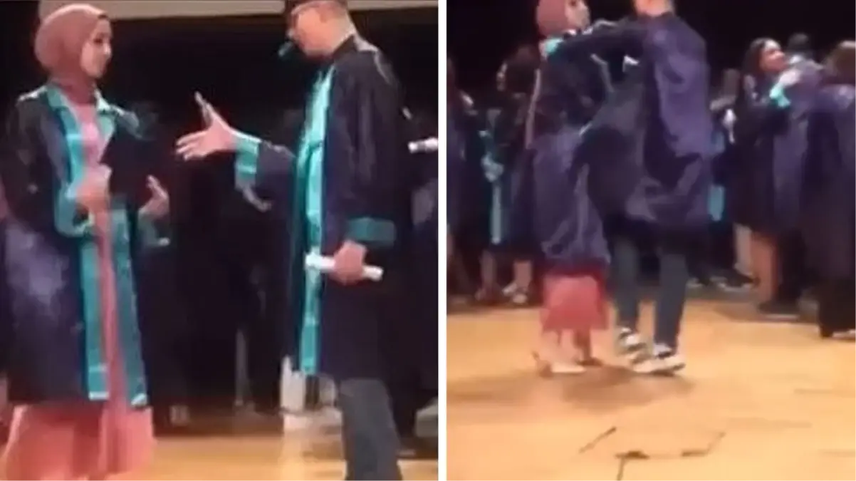 Mezuniyet töreninde ilginç anlar! Kendisine sarılmak isteyen erkek arkadaşını unutamayacağı bir ders verdi