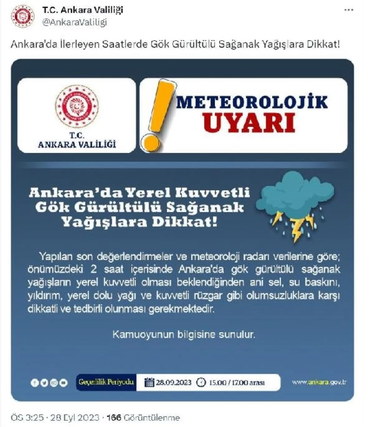 Ankara Valiliği, Gök Gürültülü Sağanak Uyarısı Yaptı