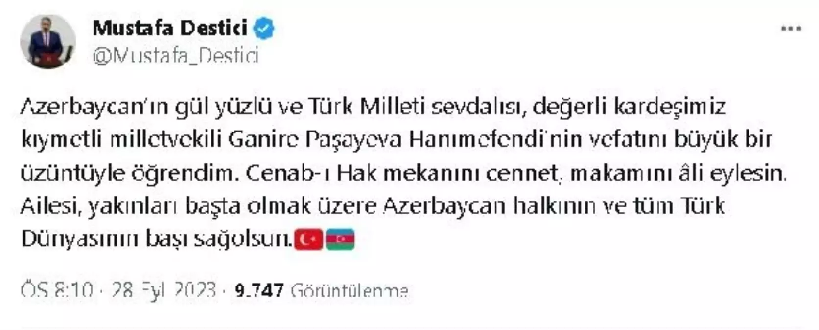BBP Genel Başkanı Mustafa Destici, Ganire Paşayeva için başsağlığı mesajı yayınladı