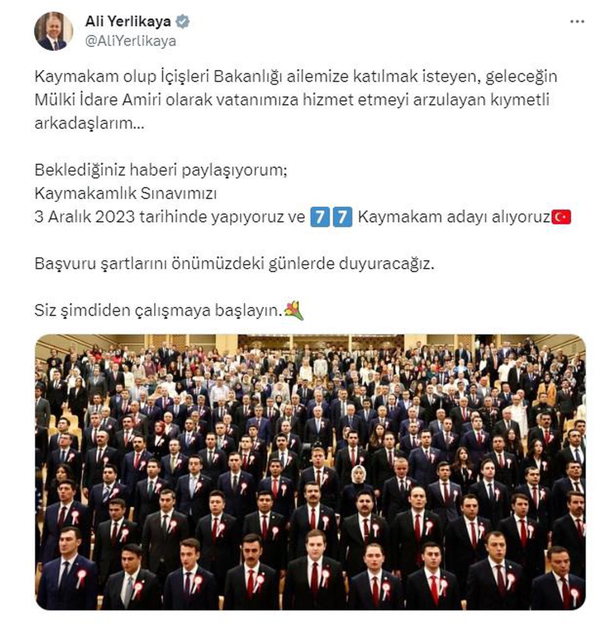 İçişleri Bakanı Ali Yerlikaya: "Kaymakamlık sınavımızı 3 Aralık tarihinde yapıyoruz ve 77 kaymakam adayı alıyoruz.