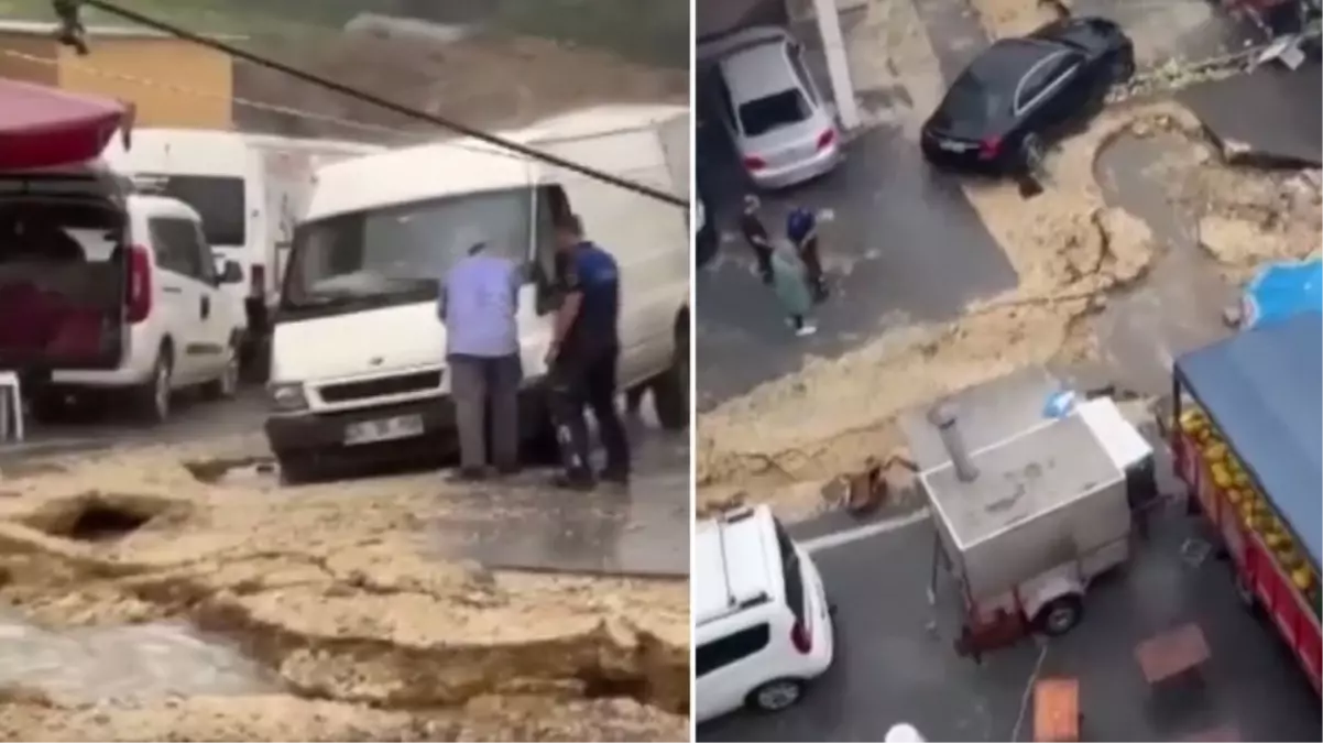 İstanbul Çatalca\'da yoğun yağış nedeniyle yol çöktü, araçlar çukurlara düştü