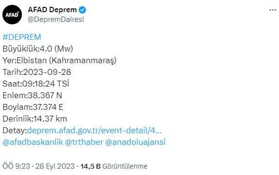 Kahramanmaraş'ta 4 büyüklüğünde deprem