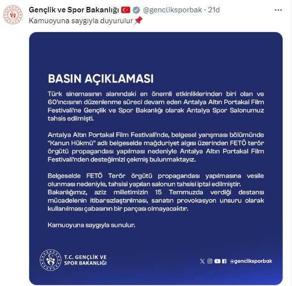 Son Dakika: Kültür ve Turizm Bakanlığı'nın ardından Gençlik ve Spor Bakanlığı da Altın Portakal Film Festivali'nden çekildi