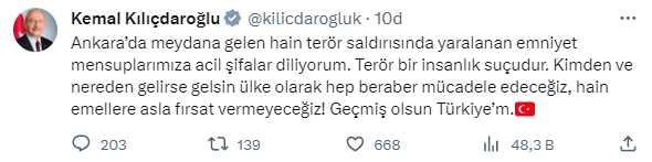 Ankara'da bakanlığa düzenlenen bombalı saldırı girişimi sonrası siyasilerden art arda mesajlar geldi