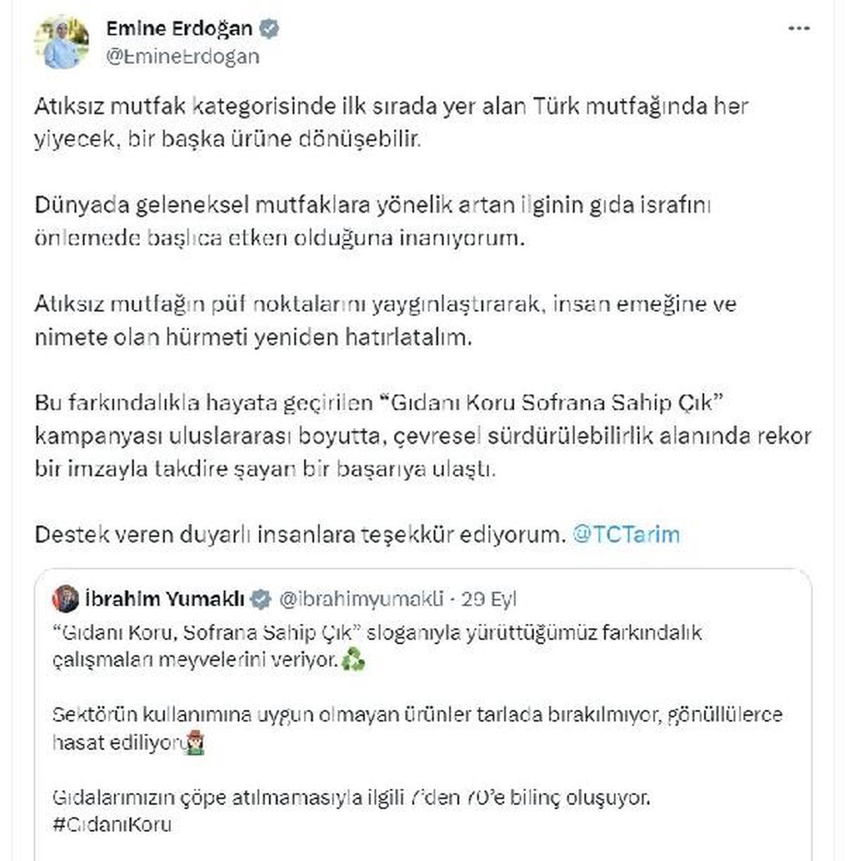 Emine Erdoğan\'dan "Gıdanı Koru Sofrana Sahip Çık" kampanyasına ilişkin paylaşım Açıklaması