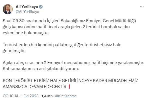 Son Dakika: Ankara'da İçişleri Bakanlığı'na bombalı saldırı girişimi! Teröristlerden biri kendini patlattı Son Dakika: Ankara'da İçişleri Bakanlığı'na bombalı saldırı girişimi! Teröristlerden biri kendini patlattı
