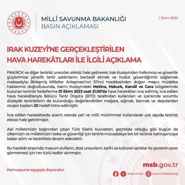 Son Dakika: Irak'ın kuzeyine hava harekatı! Metina, Hakurk, Kandil ve Gara bölgelerinde terör örgütüne ait 20 hedef imha edildi