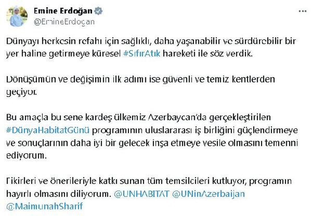 Emine Erdoğan\'dan, \'Dünya Habitat Günü\' programına tebrik mesajı