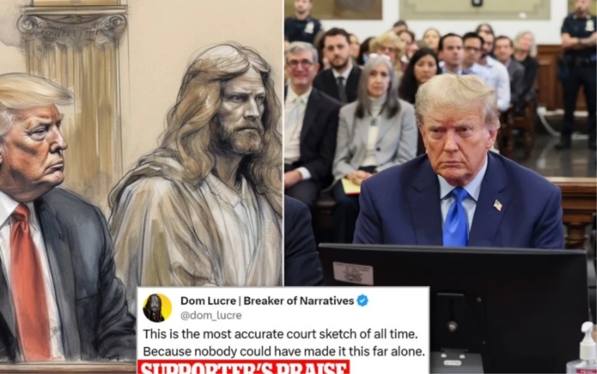 Donald Trump dolandırıcılık davasının ikinci gününde kendisinin İsa ile yan yana oturduğu tuhaf bir mahkeme eskizini paylaştı