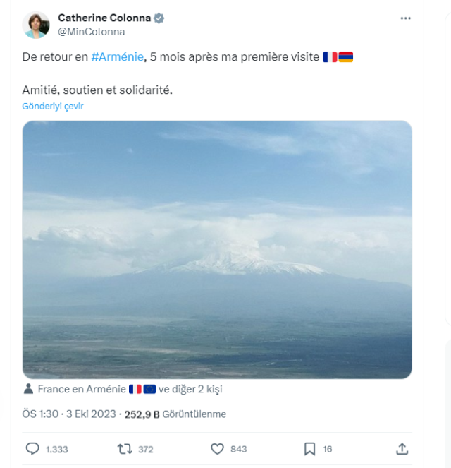 Fransa Dışişleri Bakanı'ndan skandal Ağrı Dağı paylaşımı: Ermenistan'a geri döndüm