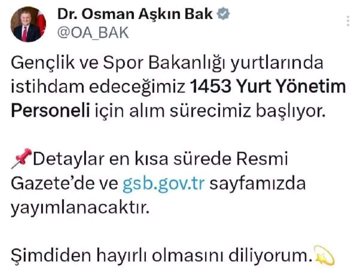 Gençlik ve Spor Bakanlığı, 1453 yurt yönetim personeli alımı yapacak