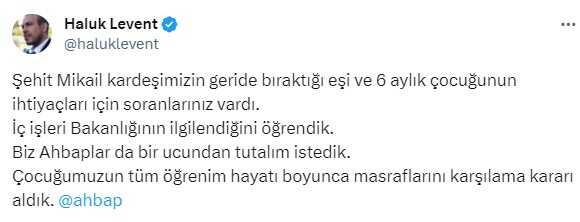 Haluk Levent, şehit Mikail Bozlağan'ın çocuğunun ömür boyu eğitim masrafını üstlendi